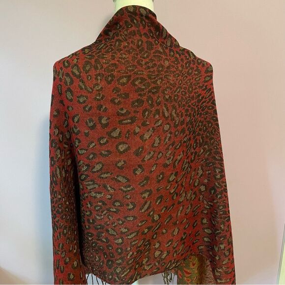 Pashmina Scarf Silk Blend Wrap Red Leopard Animal Print Fringe Shawl - Picture 5 of 10